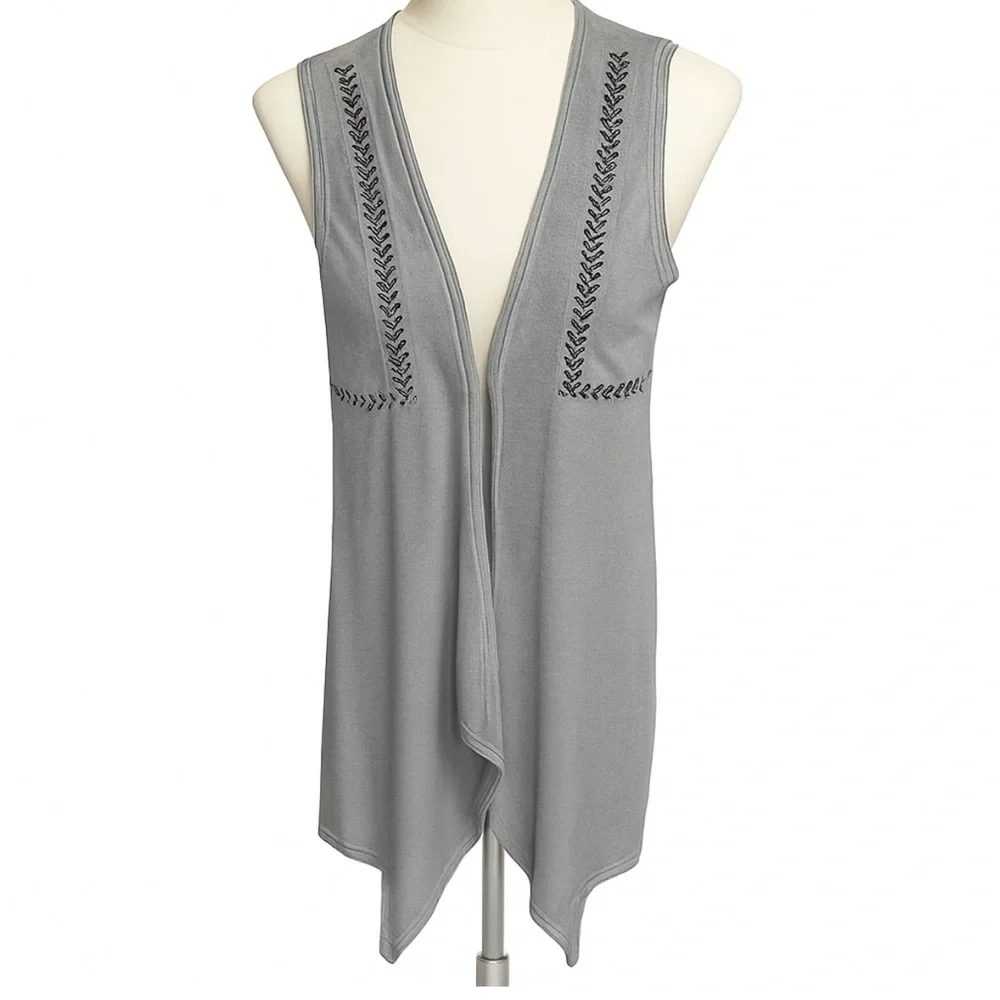 POL Embroidered Open Front Vest Size S‎ Gray Boho Festival Layering Casual